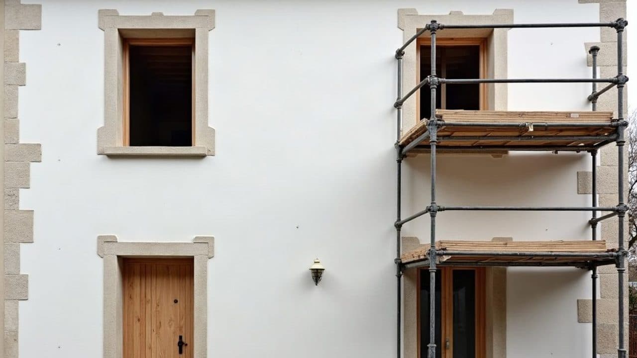 Échafaudage tubulaire dressé contre la façade d'une maison en cours de ravalement dans l'Yonne
