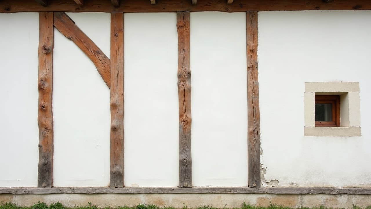 Mur à pans de bois : poteaux, écharpe et hourdis de chaux, avec une petite baie encadrée de pierre