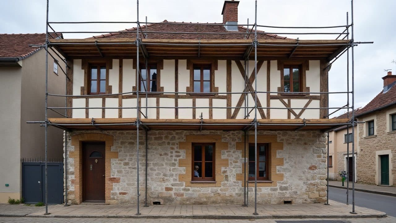 Façade en pierre calcaire appareillée et pans de bois, joints de chaux repris