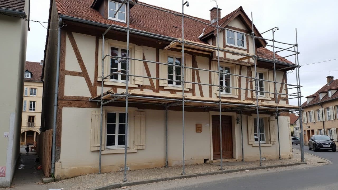 Façade à colombages d'une maison du centre ancien d'Auxerre, torchis clair entre des pièces de bois brun, rue en pente