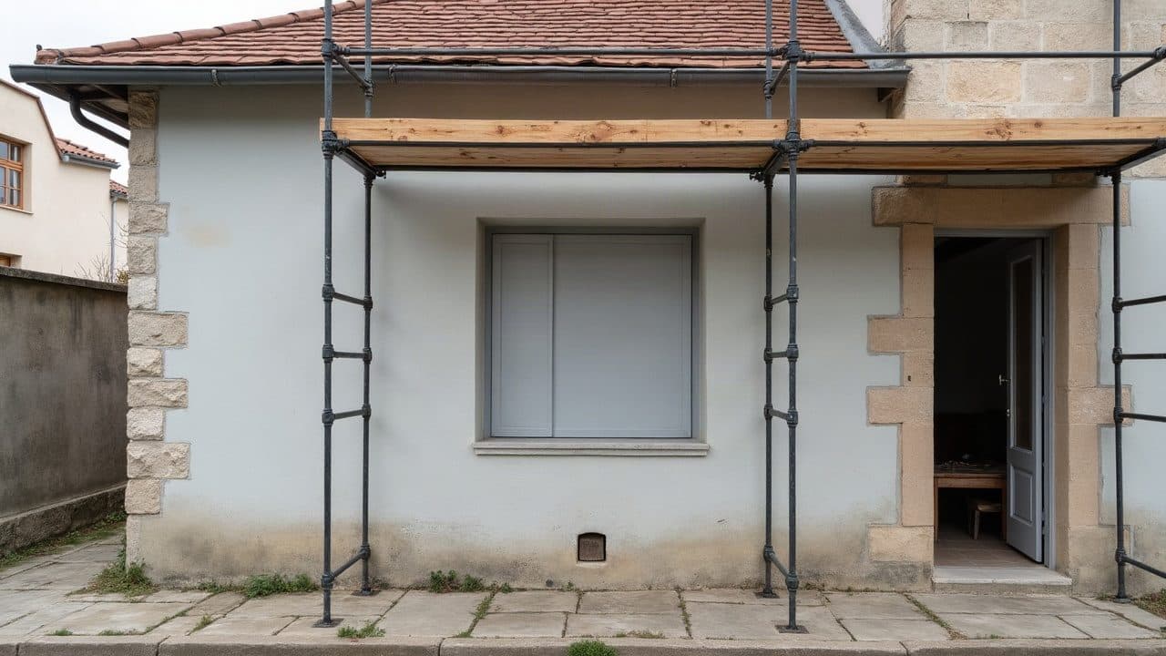 Façade de pavillon d'après-guerre à Migennes, enduit projeté grisé par le temps autour d'une fenêtre à volets roulants