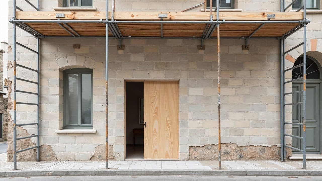 Façade en pierre calcaire appareillée d'une maison de ville de Sens, large baie à encadrement mouluré