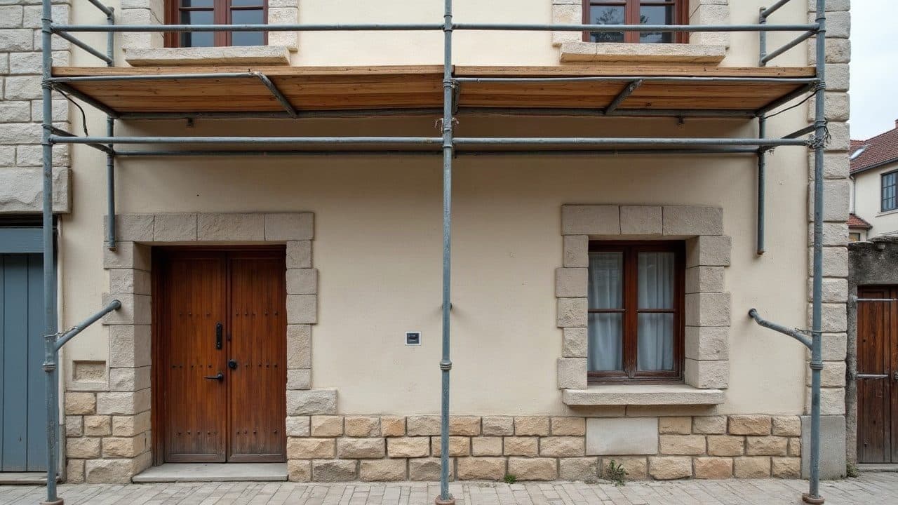 Façade enduite d'ocre clair d'une maison de bourg de Villeneuve-sur-Yonne, porte en bois et encadrement de pierre